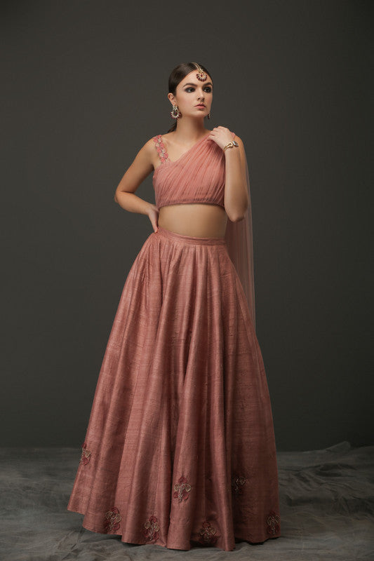 Pink Raw Silk Lehenga With Net Gathered Blouse