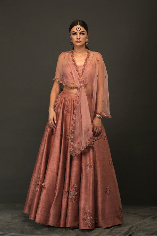 Pink Raw Silk Heavy Lehenga With Organza Drepe