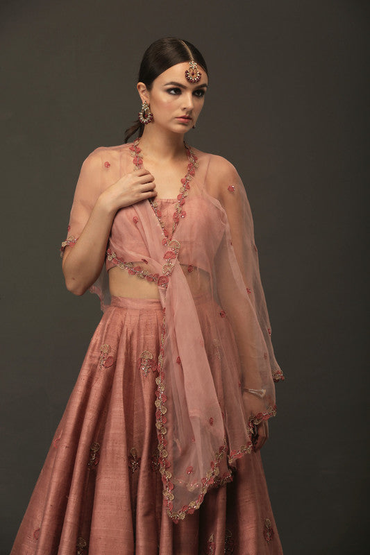 Pink Raw Silk Heavy Lehenga With Organza Drepe