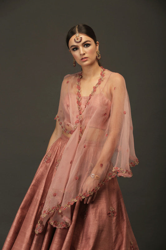 Pink Raw Silk Heavy Lehenga With Organza Drepe