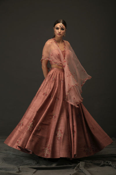 Pink Raw Silk Heavy Lehenga With Organza Drepe